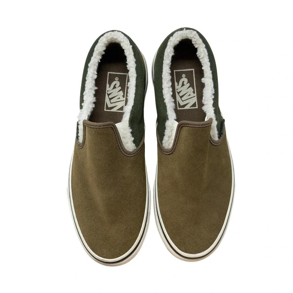 Vans Classic Slip-On Suede Sherpa Faux Fur Lined Olive Green Mens 6.5 Womens 8